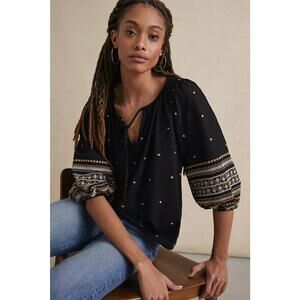 ANTHROPOLOGIE Pilcro Calanthe boho embroidered black blouse knit Top small